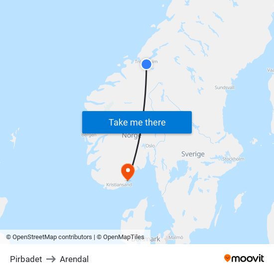 Pirbadet to Arendal map