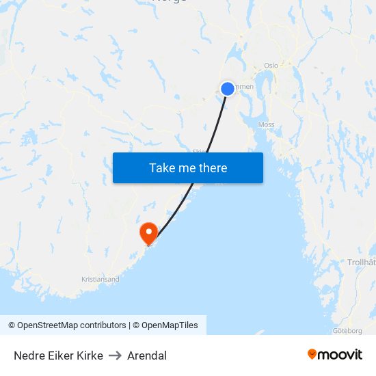 Nedre Eiker Kirke to Arendal map