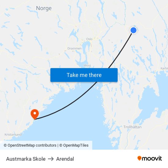 Austmarka Skole to Arendal map