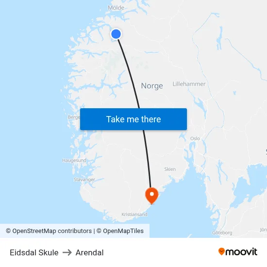 Eidsdal Skule to Arendal map