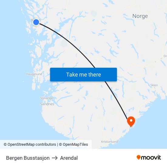 Bergen Busstasjon to Arendal map