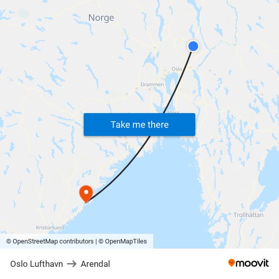 Oslo Lufthavn to Arendal map