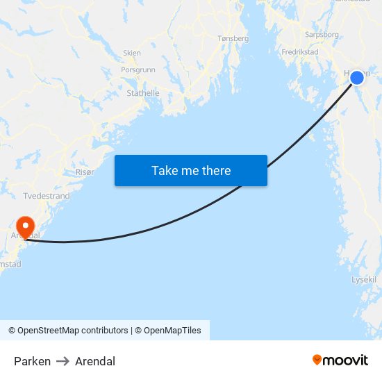 Parken to Arendal map