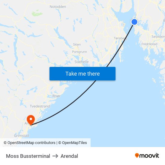 Moss Bussterminal to Arendal map