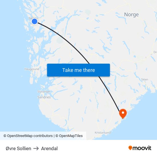 Øvre Sollien to Arendal map