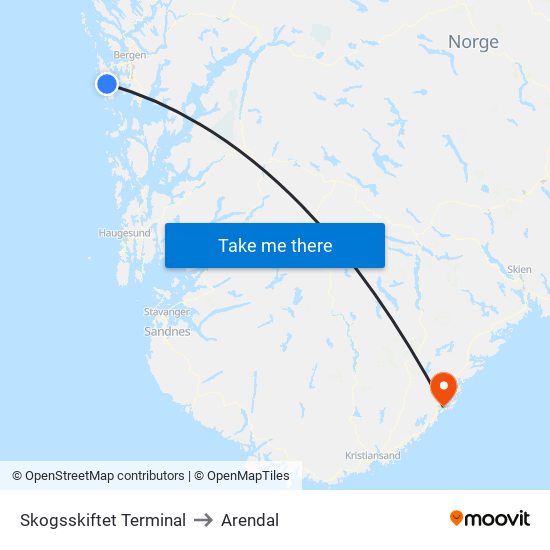 Skogsskiftet Terminal to Arendal map