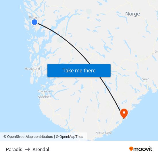 Paradis to Arendal map