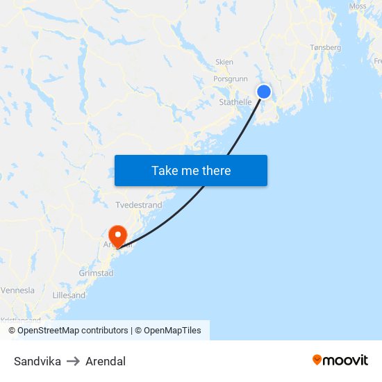 Sandvika to Arendal map