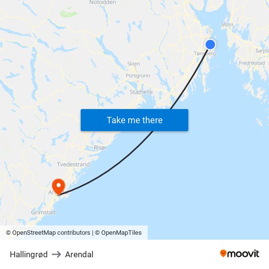 Hallingrød to Arendal map