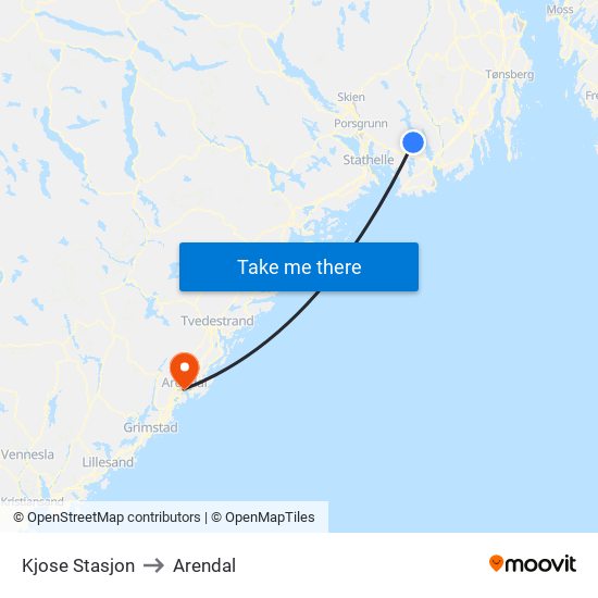 Kjose Stasjon to Arendal map