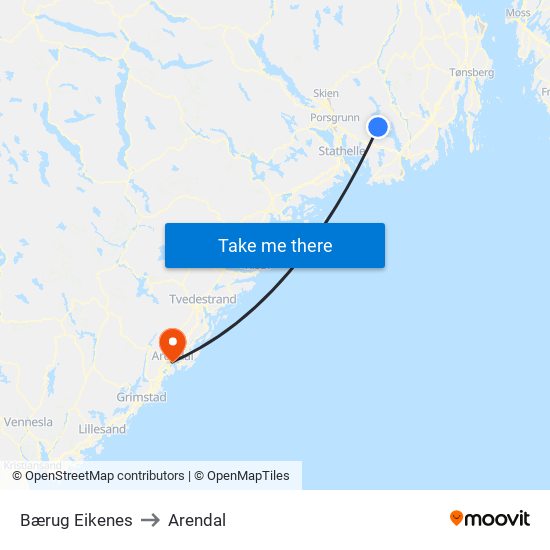 Bærug Eikenes to Arendal map