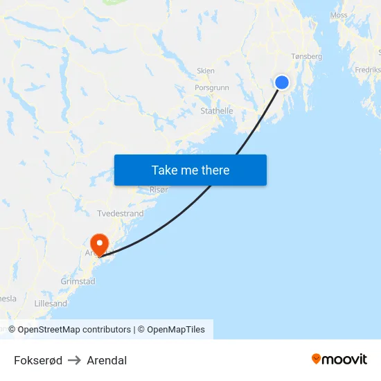 Fokserød to Arendal map