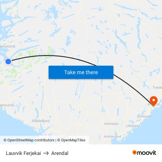 Lauvvik Ferjekai to Arendal map