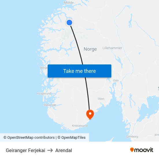 Geiranger Ferjekai to Arendal map