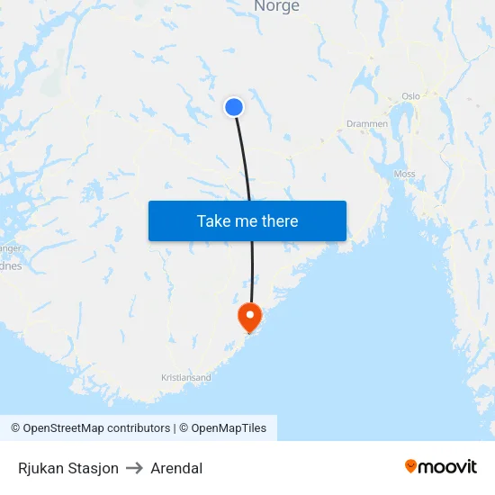 Rjukan Stasjon to Arendal map