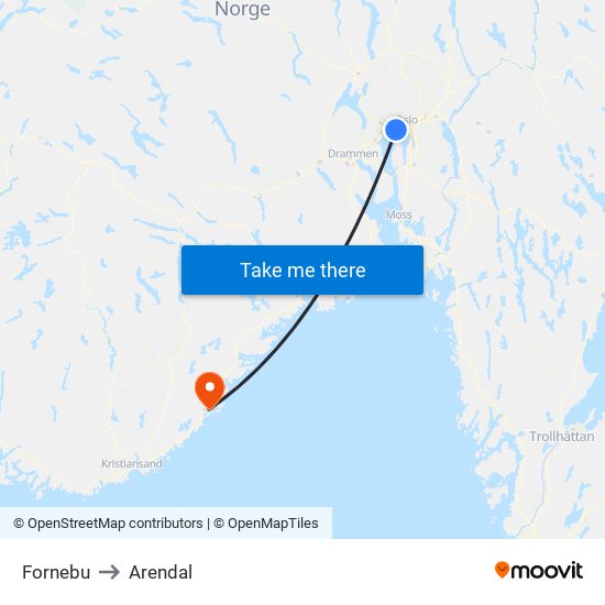 Fornebu to Arendal map