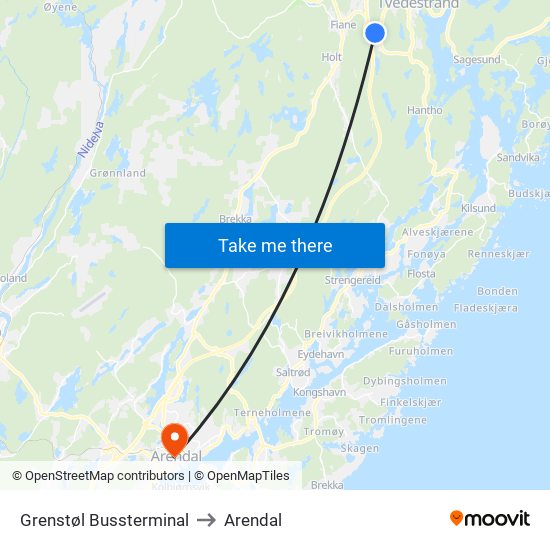 Grenstøl Bussterminal to Arendal map