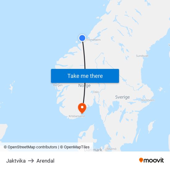 Jaktvika to Arendal map