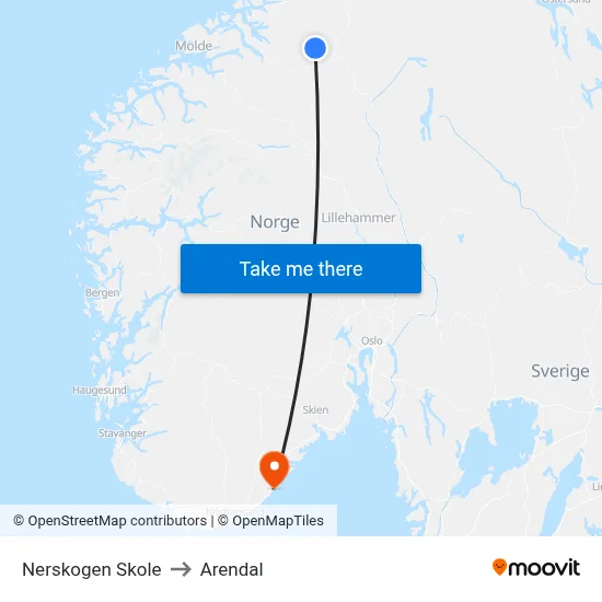 Nerskogen Skole to Arendal map