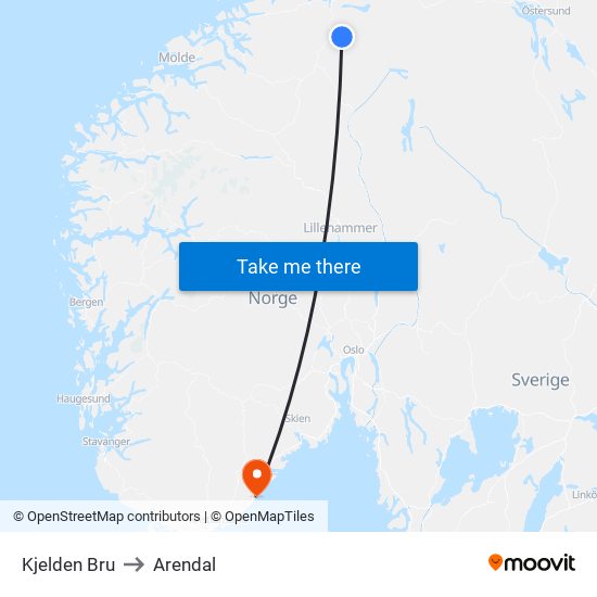 Kjelden Bru to Arendal map