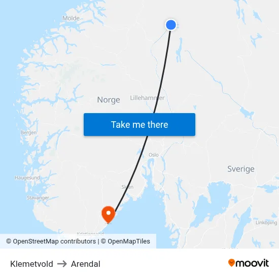 Klemetvold to Arendal map