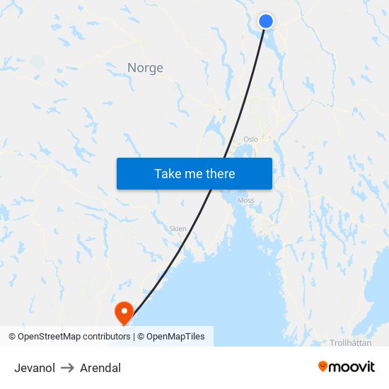 Jevanol to Arendal map