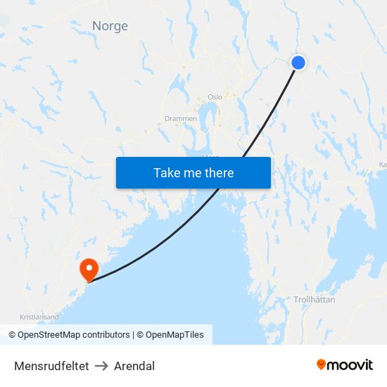 Mensrudfeltet to Arendal map