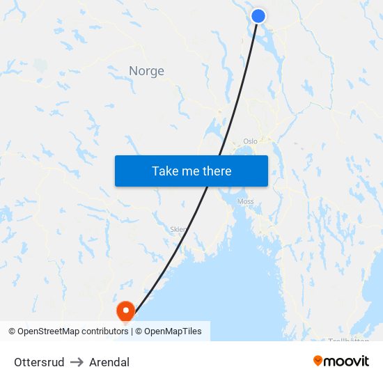 Ottersrud to Arendal map