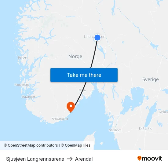 Sjusjøen Langrennsarena to Arendal map