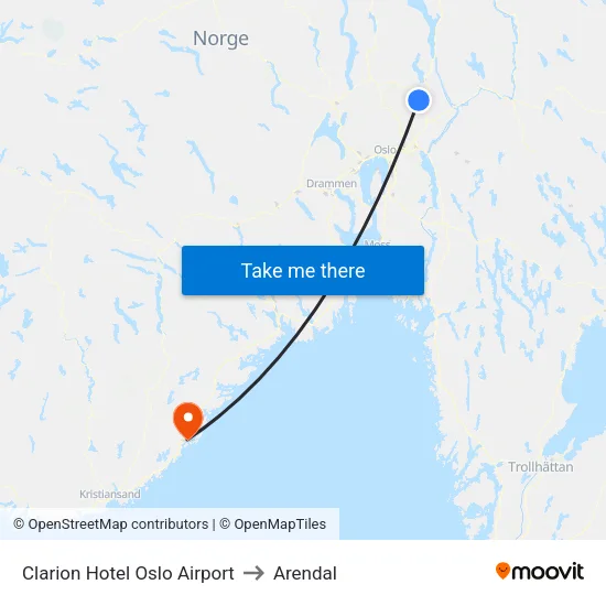 Clarion Hotel Oslo Airport to Arendal map