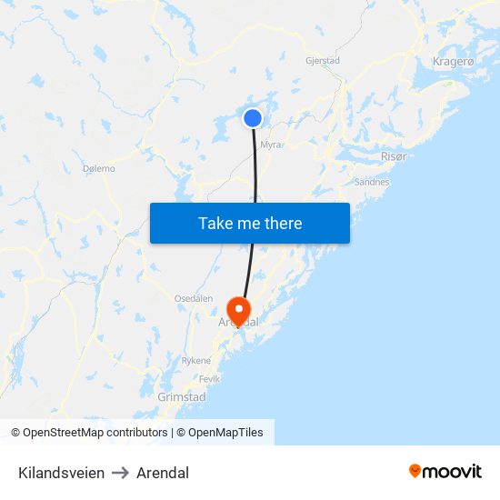 Kilandsveien to Arendal map