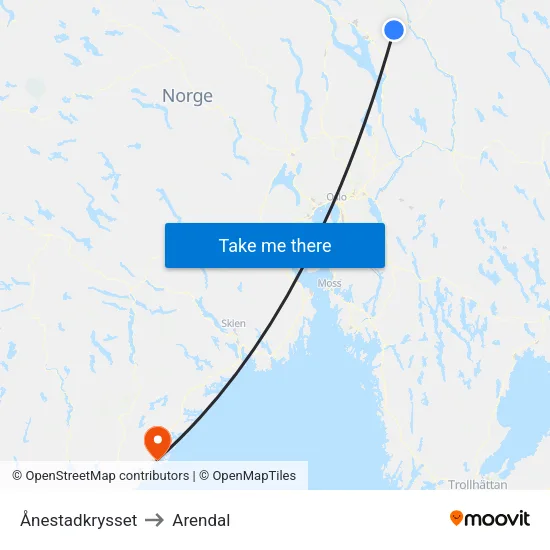 Ånestadkrysset to Arendal map