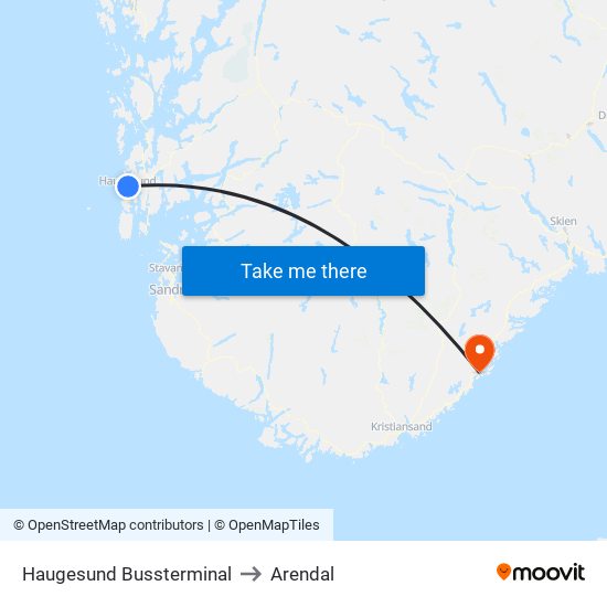 Haugesund Bussterminal to Arendal map