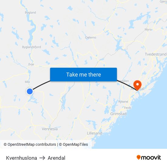 Kvernhuslona to Arendal map