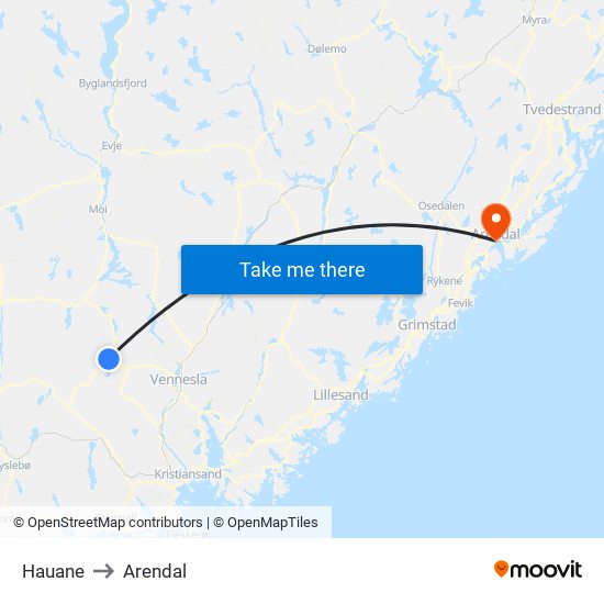 Hauane to Arendal map