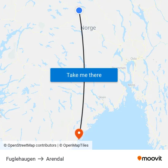 Fuglehaugen to Arendal map