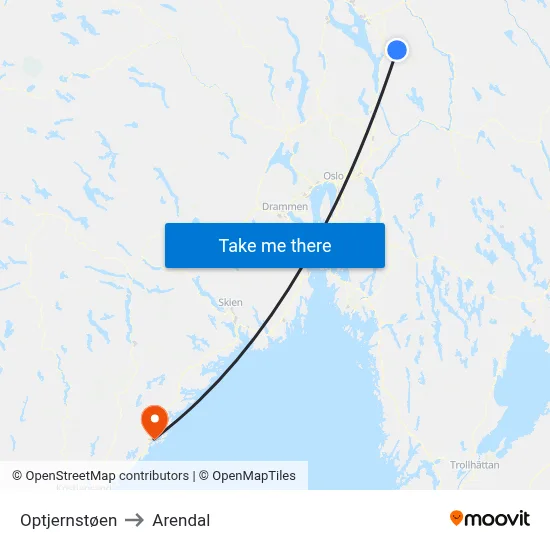 Optjernstøen to Arendal map