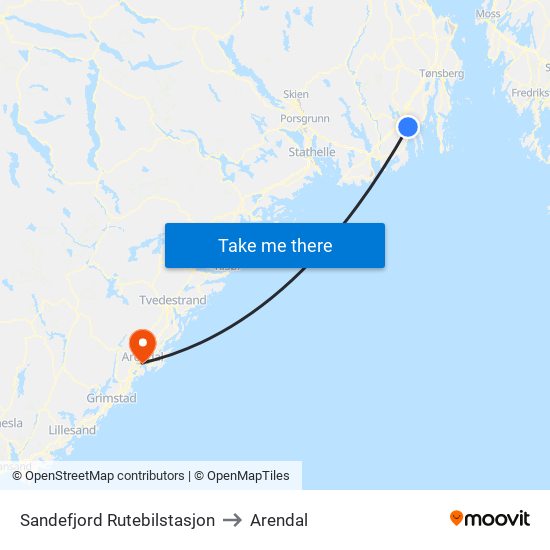 Sandefjord Rutebilstasjon to Arendal map