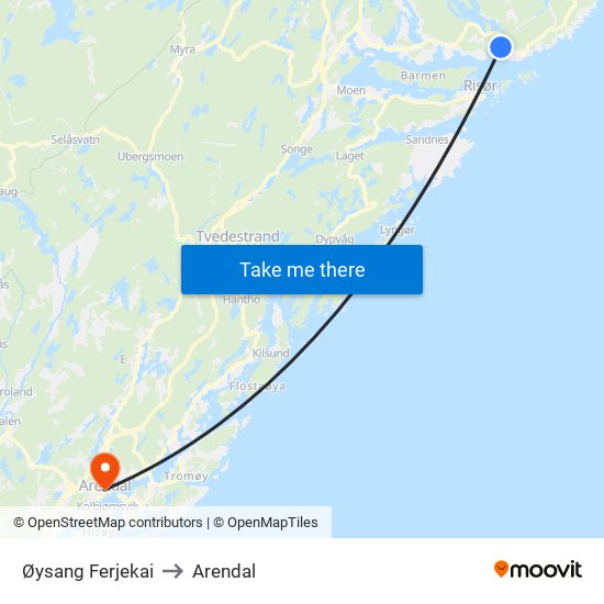 Øysang Ferjekai to Arendal map
