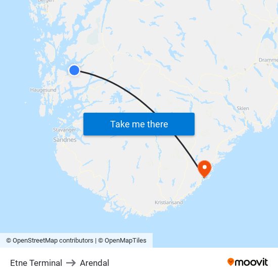 Etne Terminal to Arendal map