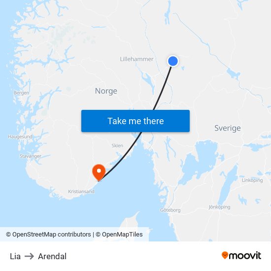 Lia to Arendal map