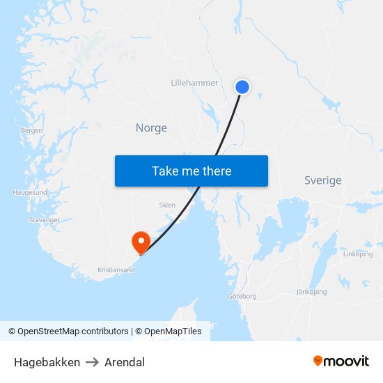 Hagebakken to Arendal map