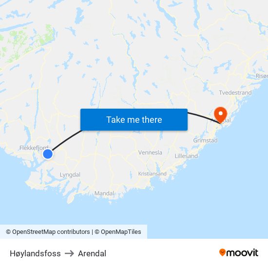 Høylandsfoss to Arendal map