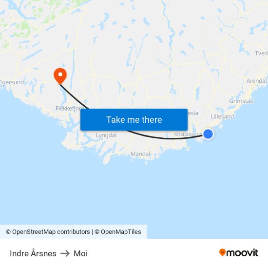 Indre Årsnes to Moi map
