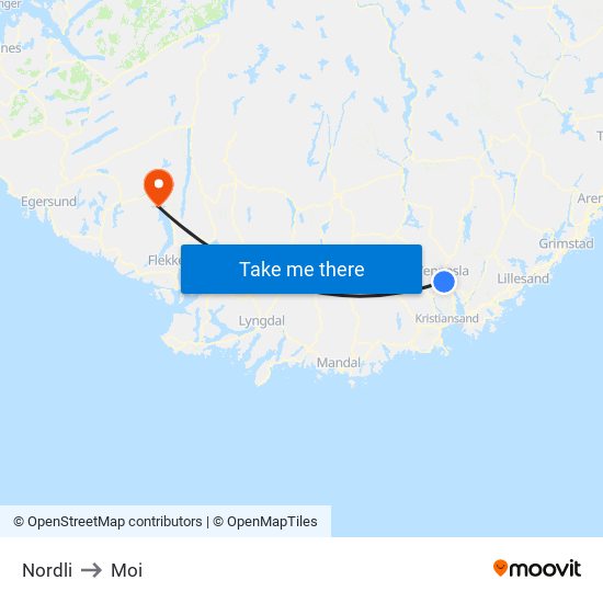 Nordli to Moi map