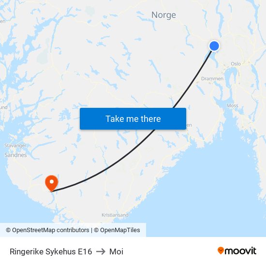 Ringerike Sykehus E16 to Moi map