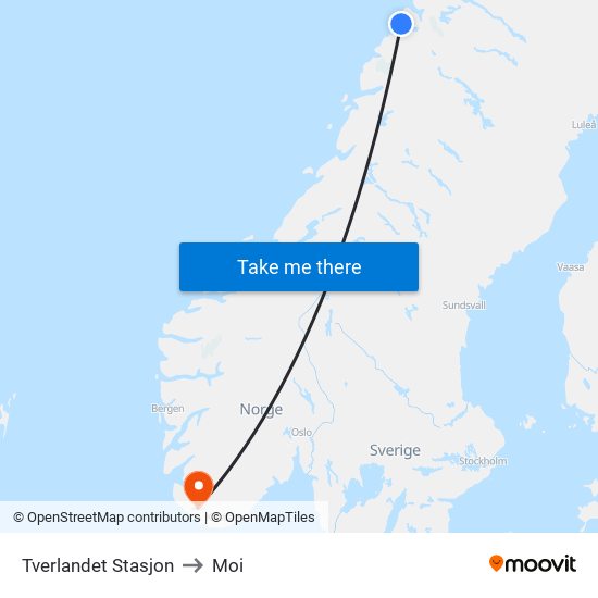 Tverlandet Stasjon to Moi map