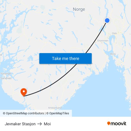 Jevnaker Stasjon to Moi map