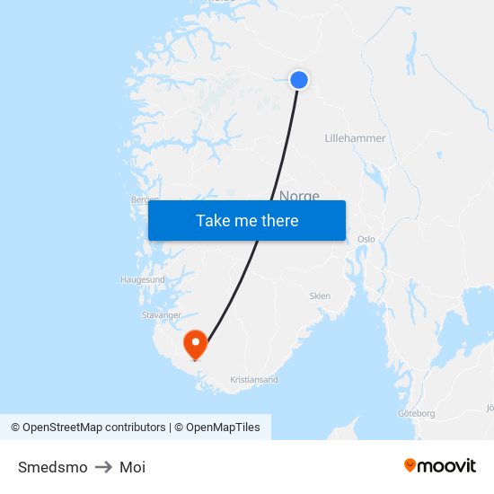 Smedsmo to Moi map