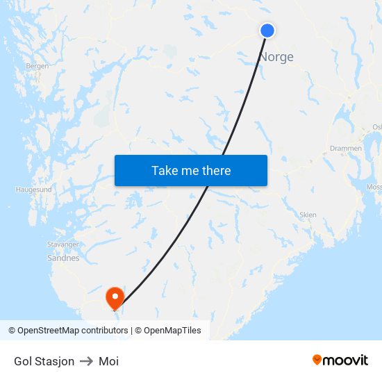 Gol Stasjon to Moi map